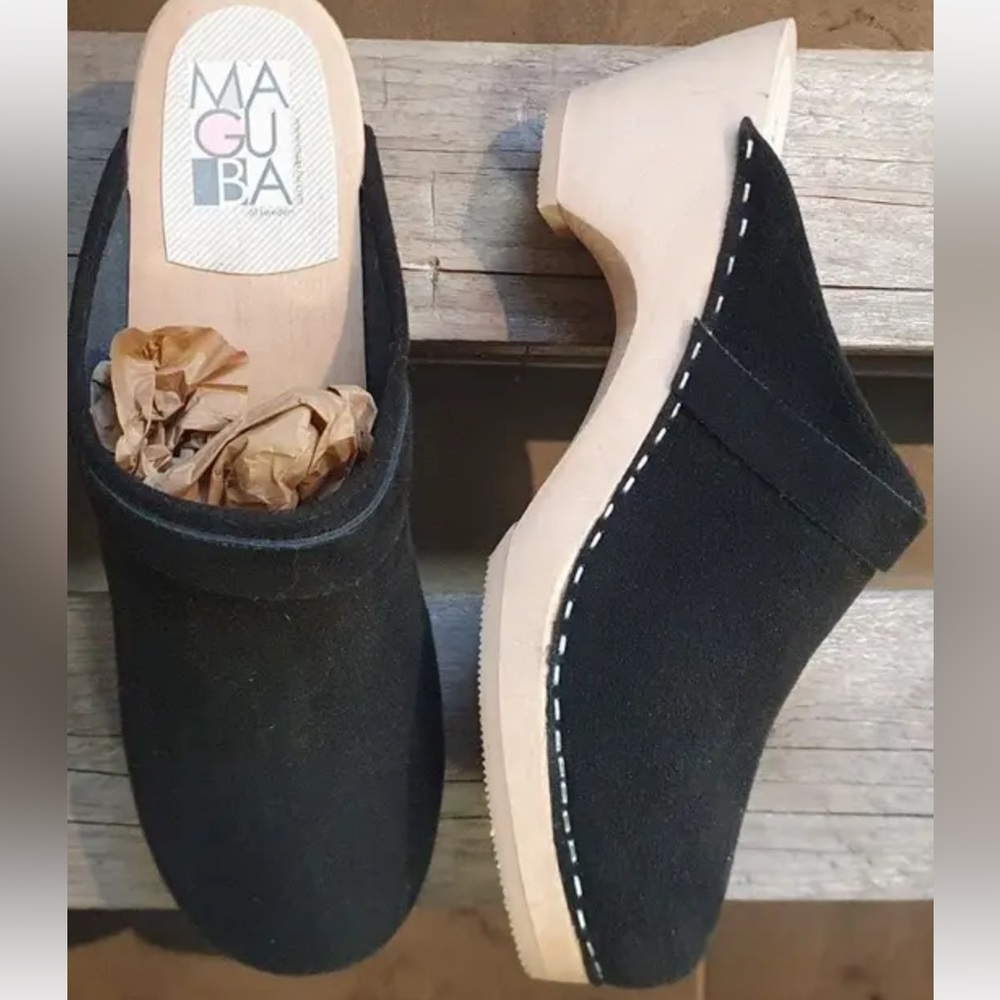 Maguba Black Suede Swedish Clogs Size 38